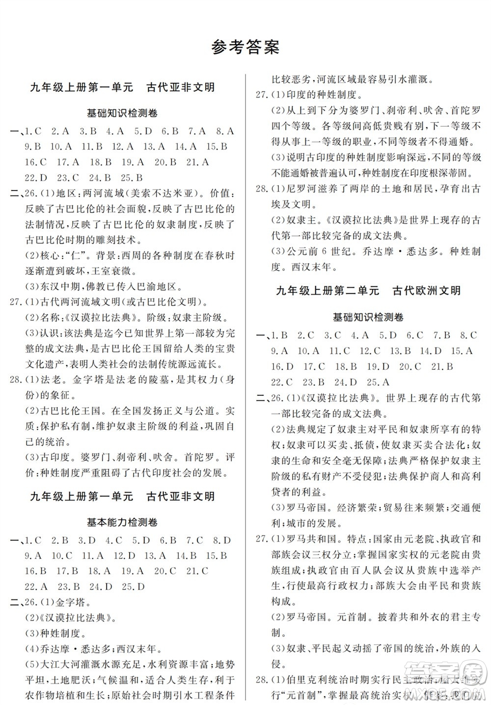 山東人民出版社2023年秋同步練習(xí)冊分層檢測卷九年級歷史全冊人教版參考答案
