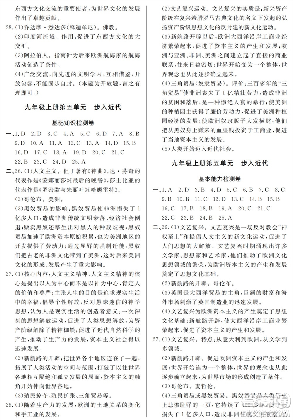 山東人民出版社2023年秋同步練習(xí)冊分層檢測卷九年級歷史全冊人教版參考答案