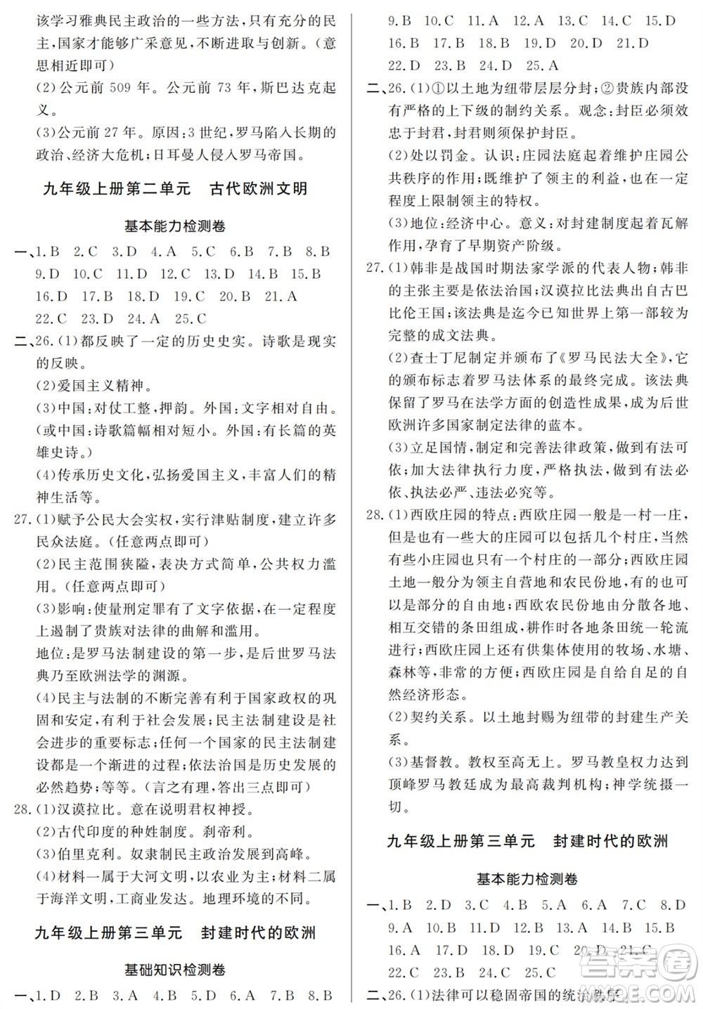 山東人民出版社2023年秋同步練習(xí)冊分層檢測卷九年級歷史全冊人教版參考答案