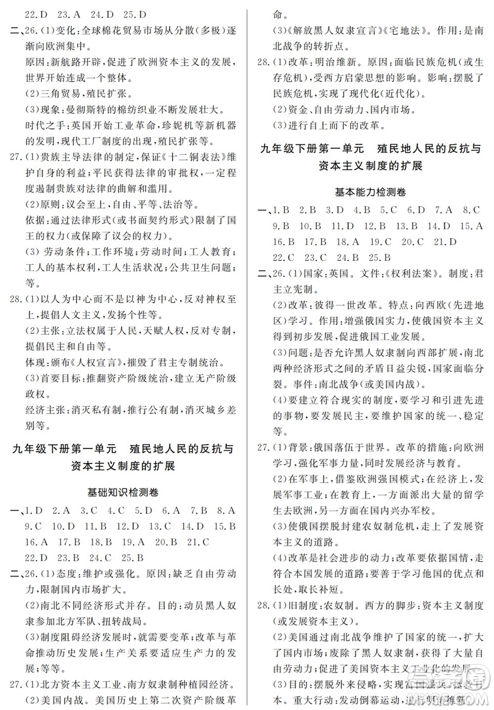 山東人民出版社2023年秋同步練習(xí)冊分層檢測卷九年級歷史全冊人教版參考答案