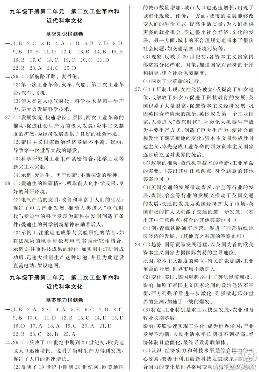 山東人民出版社2023年秋同步練習(xí)冊分層檢測卷九年級歷史全冊人教版參考答案