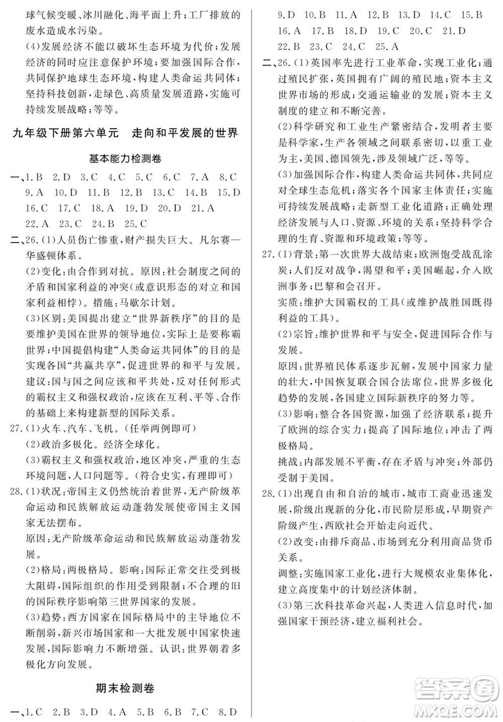 山東人民出版社2023年秋同步練習(xí)冊分層檢測卷九年級歷史全冊人教版參考答案