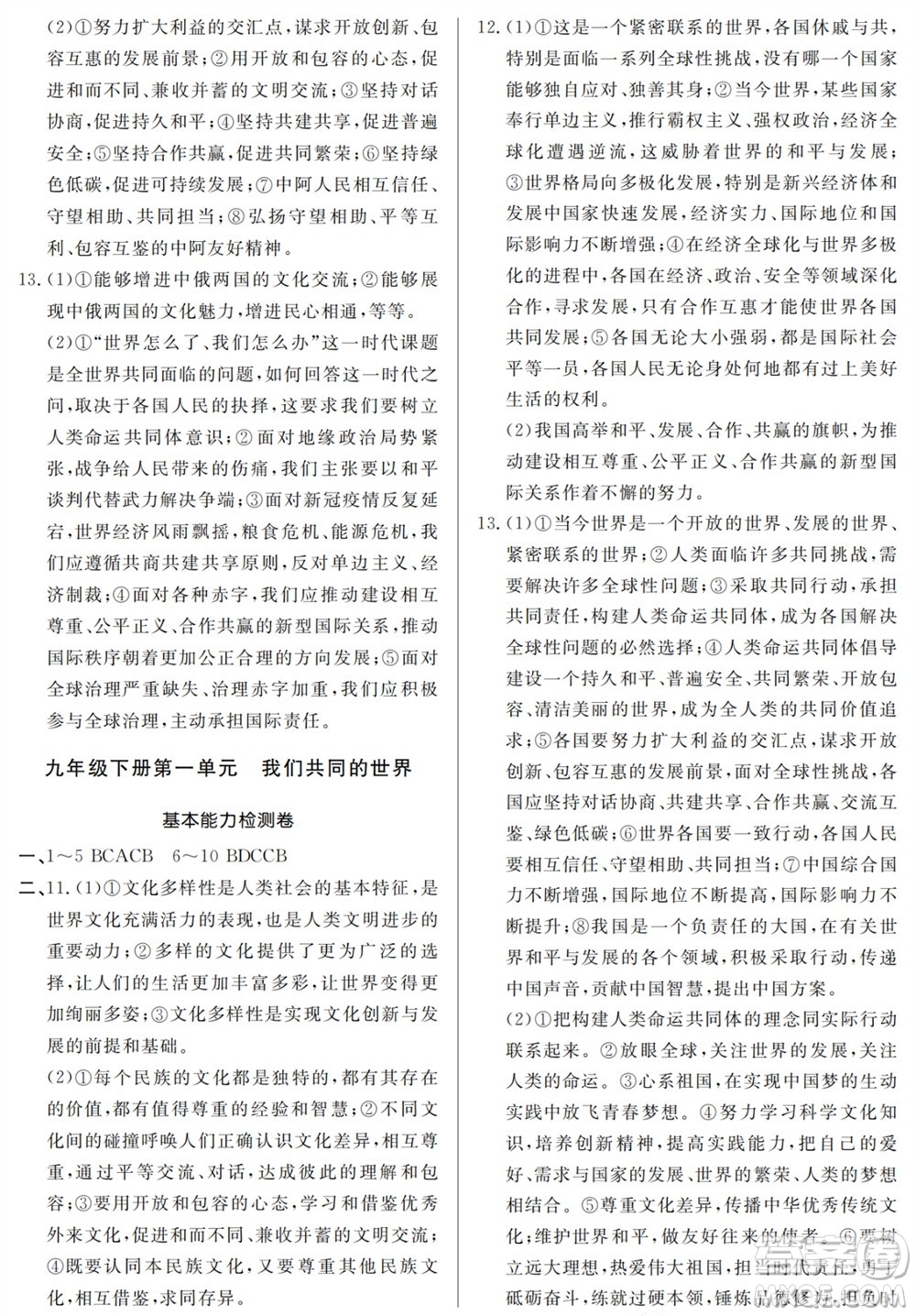 山東人民出版社2023年秋同步練習冊分層檢測卷九年級道德與法治全冊人教版參考答案