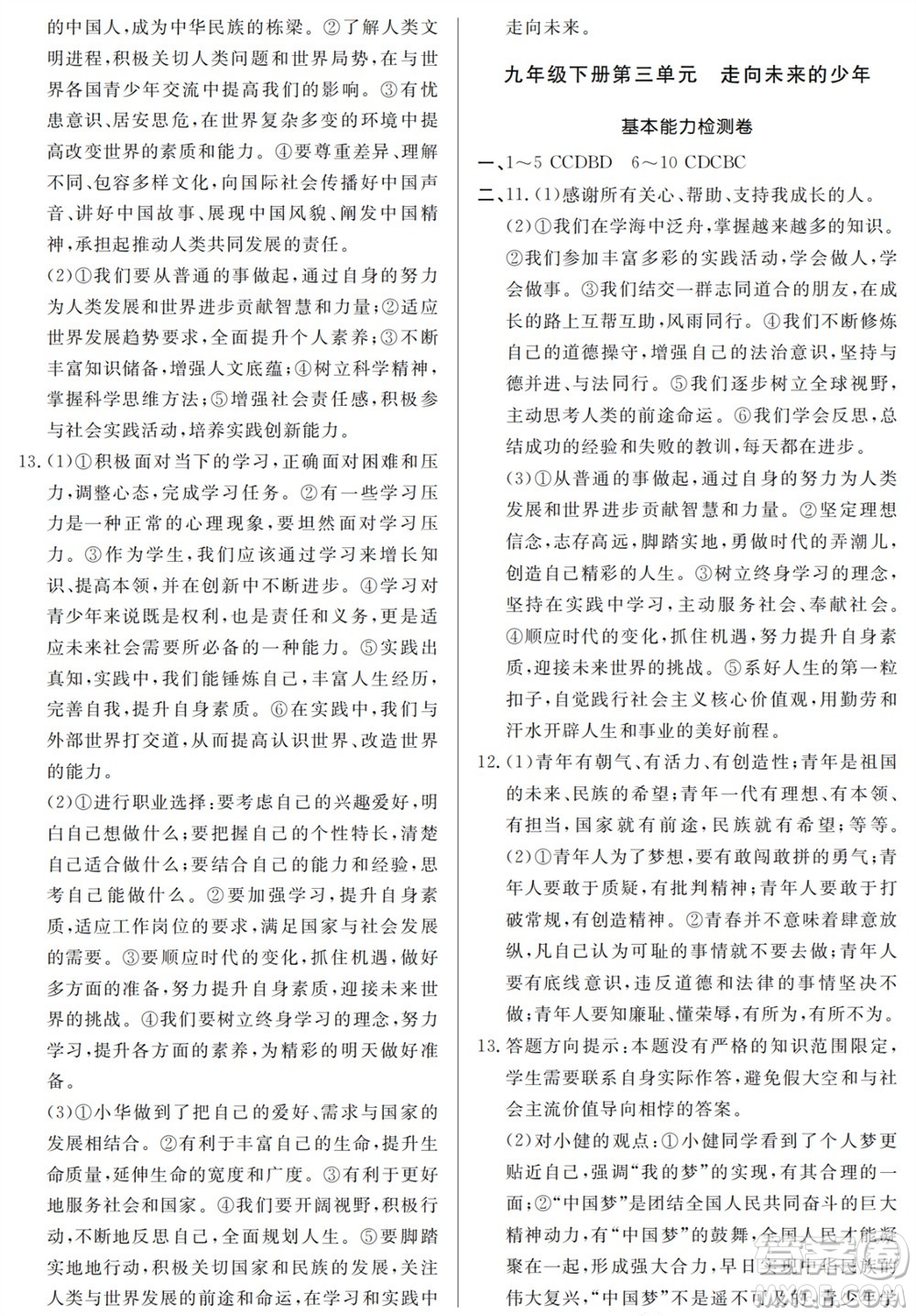 山東人民出版社2023年秋同步練習冊分層檢測卷九年級道德與法治全冊人教版參考答案