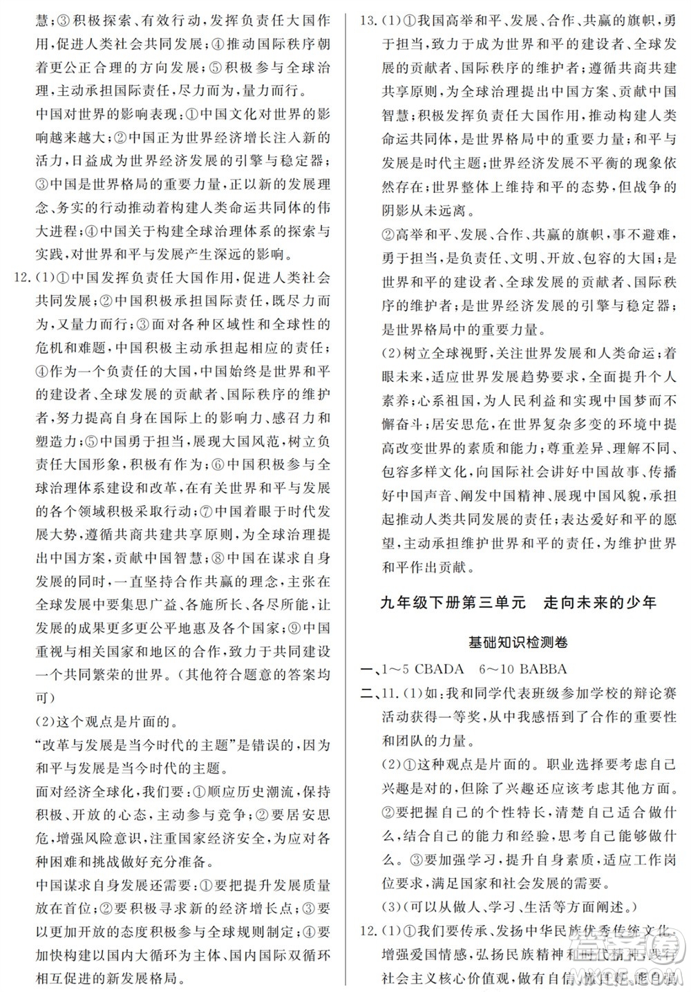 山東人民出版社2023年秋同步練習冊分層檢測卷九年級道德與法治全冊人教版參考答案