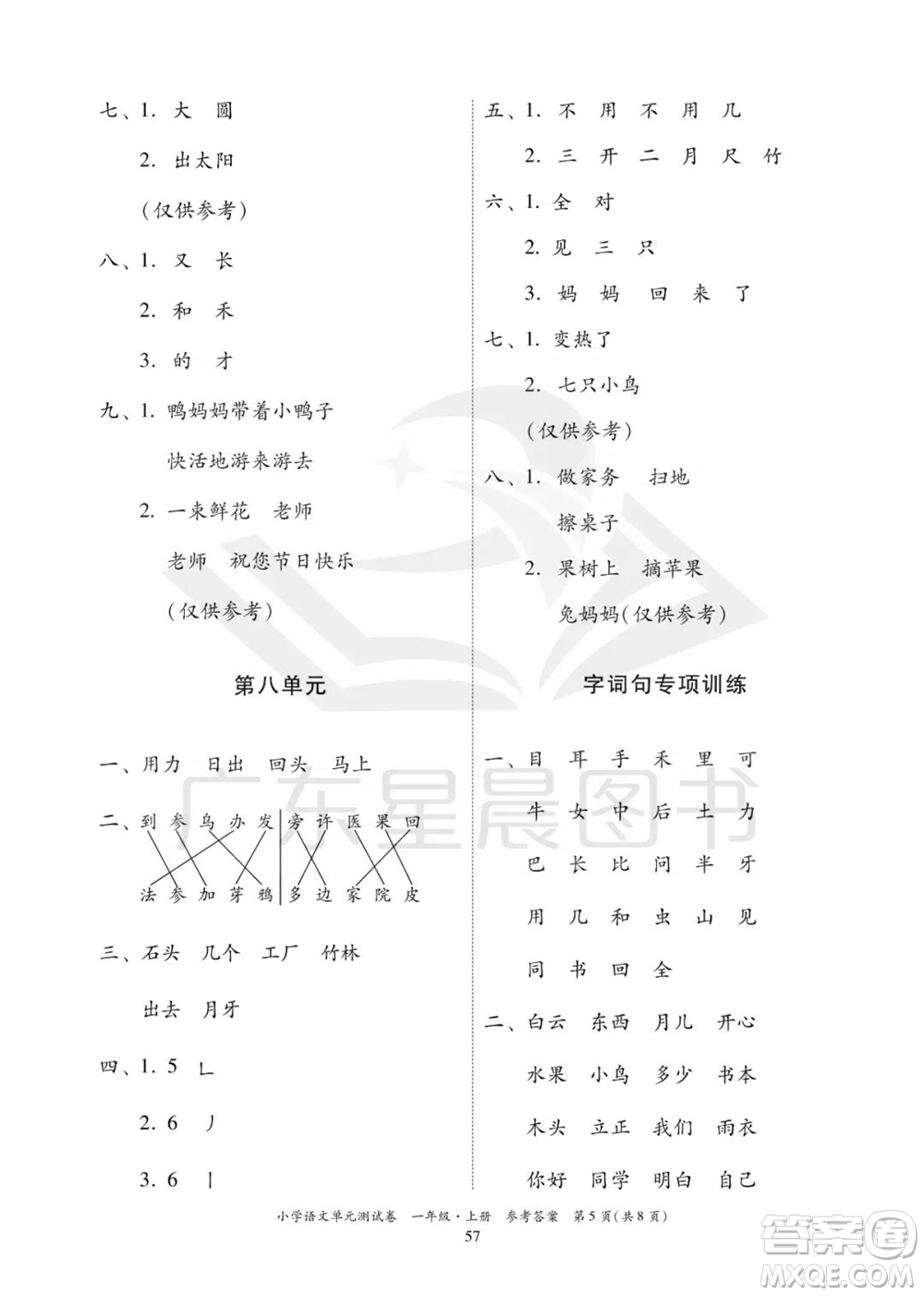 華南理工大學(xué)出版社2023年秋小學(xué)語文單元測試卷一年級上冊統(tǒng)編版參考答案