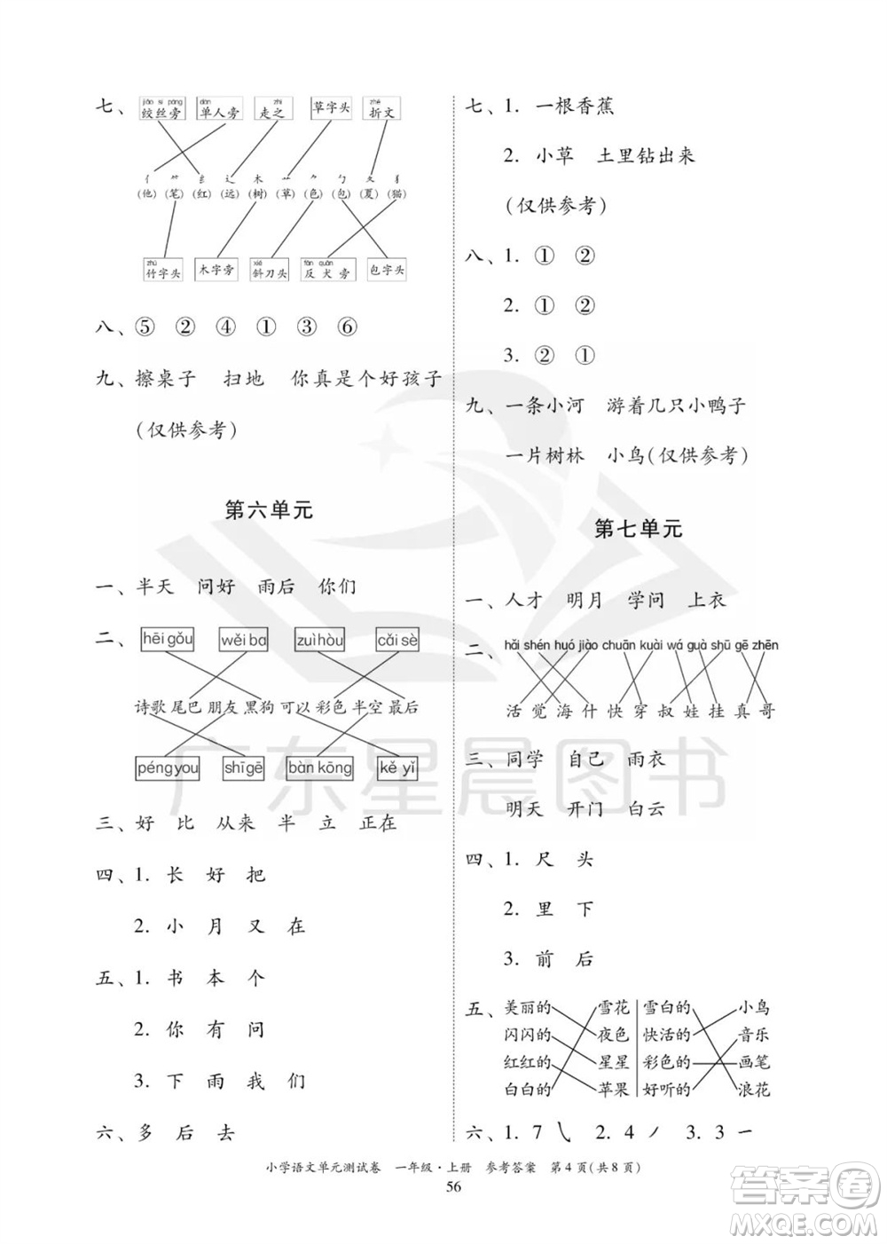 華南理工大學(xué)出版社2023年秋小學(xué)語文單元測試卷一年級上冊統(tǒng)編版參考答案