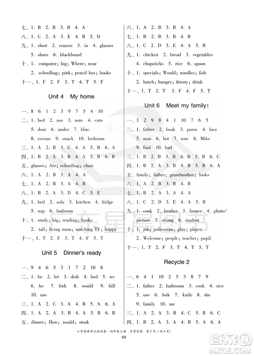 華南理工大學(xué)出版社2023年秋小學(xué)英語單元測試卷四年級上冊人教版中山專版參考答案