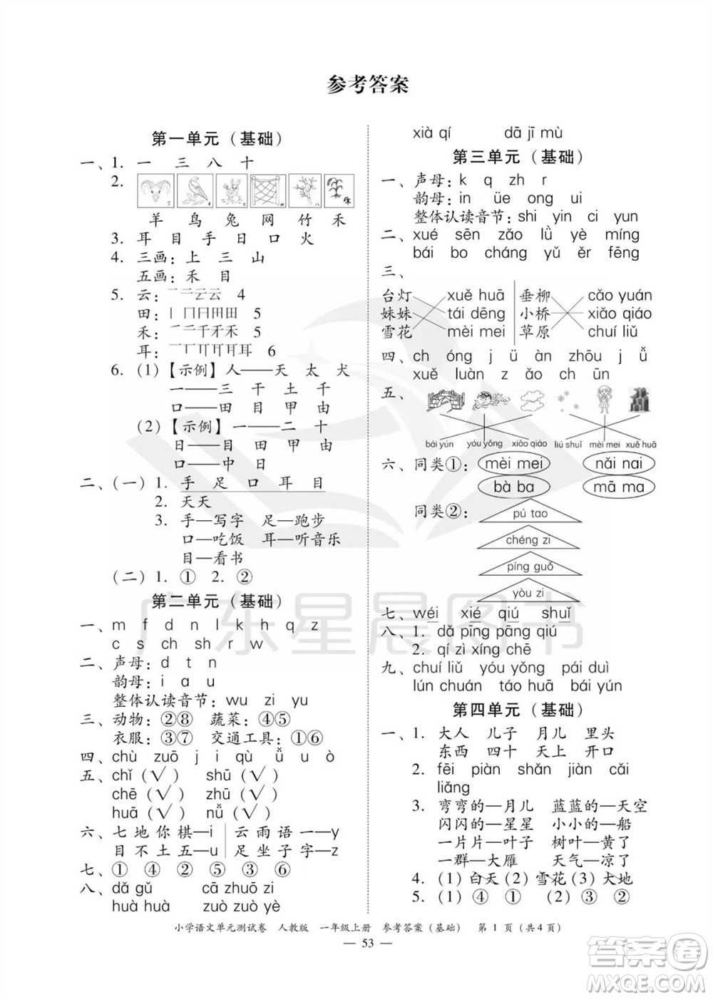廣東人民出版社2023年秋小學(xué)語(yǔ)文單元測(cè)試卷一年級(jí)上冊(cè)人教版佛山專版參考答案