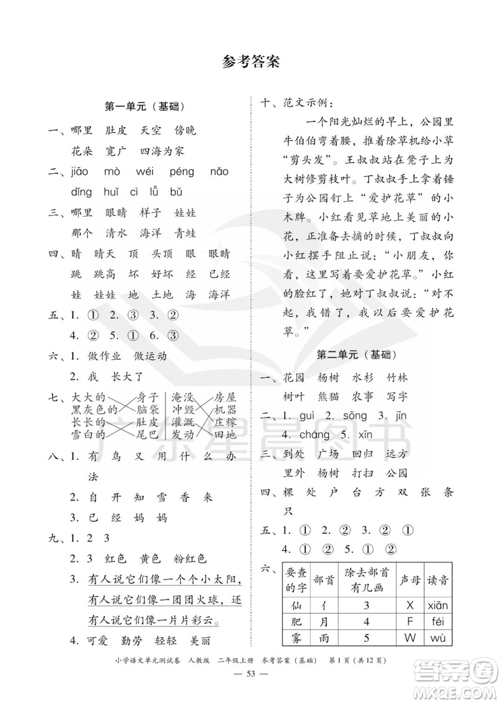 廣東人民出版社2023年秋小學(xué)語(yǔ)文單元測(cè)試卷二年級(jí)上冊(cè)人教版佛山專(zhuān)版參考答案