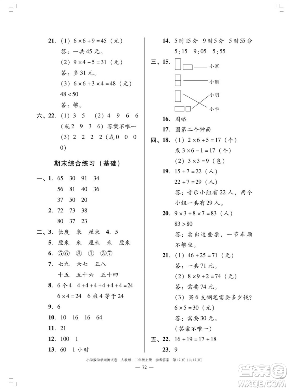 廣東人民出版社2023年秋小學(xué)數(shù)學(xué)單元測(cè)試卷二年級(jí)上冊(cè)人教版佛山專版參考答案