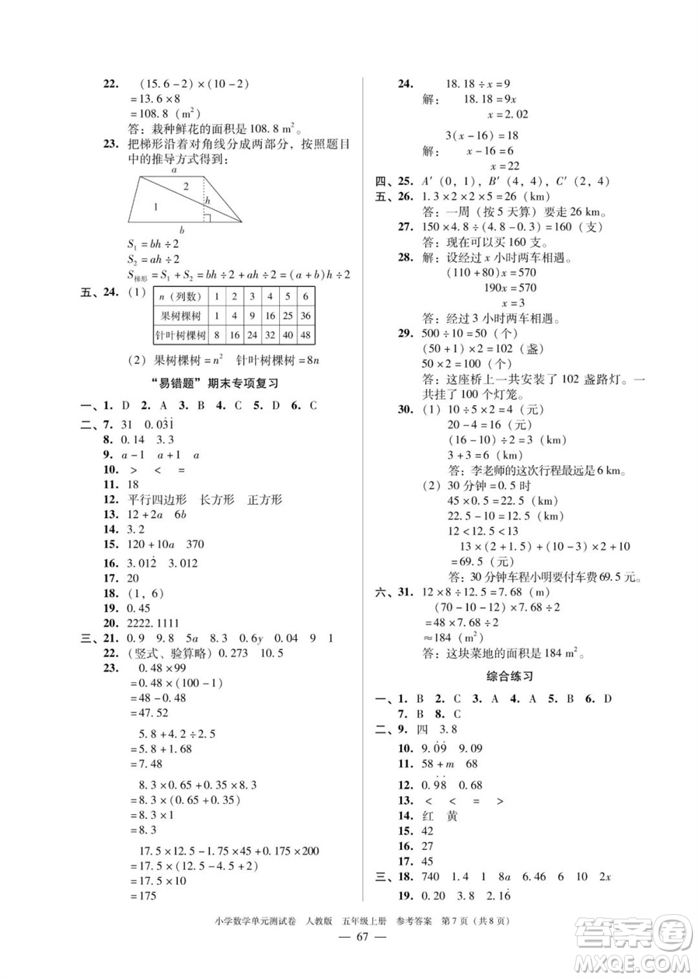 廣東人民出版社2023年秋小學(xué)數(shù)學(xué)單元測試卷五年級上冊人教版佛山專版參考答案