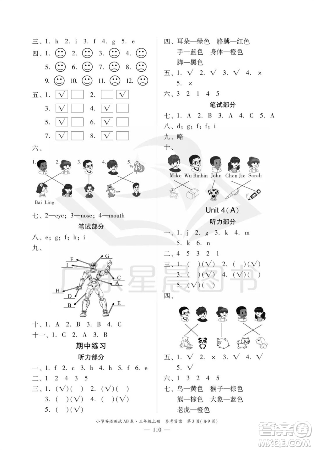 華南理工大學(xué)出版社2023年秋小學(xué)英語測(cè)試AB卷三年級(jí)上冊(cè)人教版佛山專版參考答案