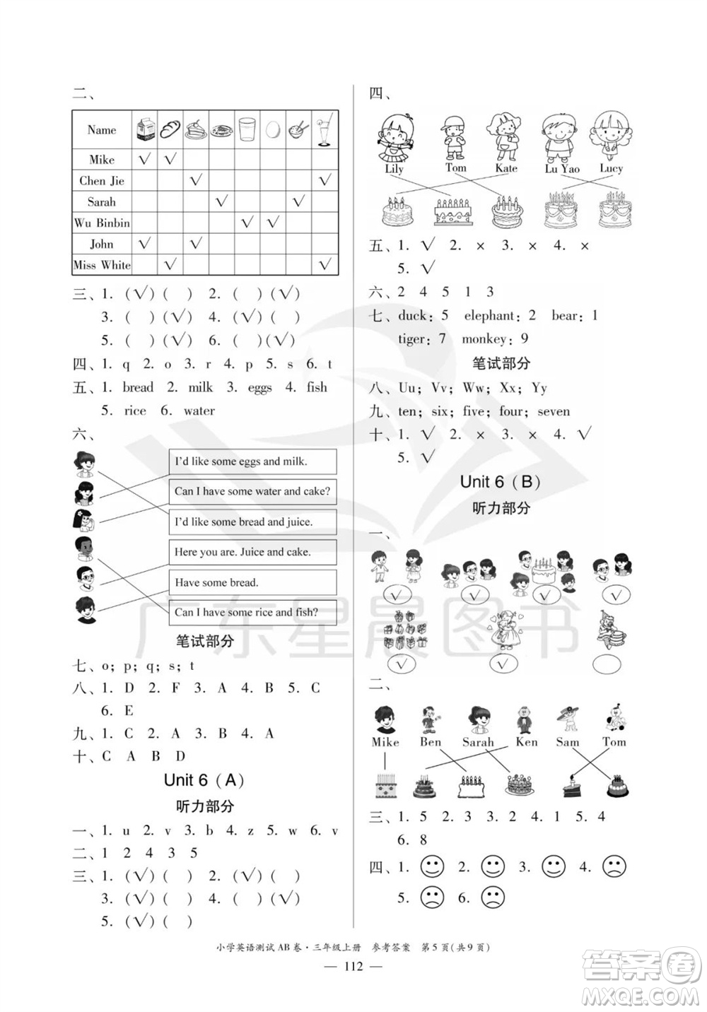 華南理工大學(xué)出版社2023年秋小學(xué)英語測(cè)試AB卷三年級(jí)上冊(cè)人教版佛山專版參考答案