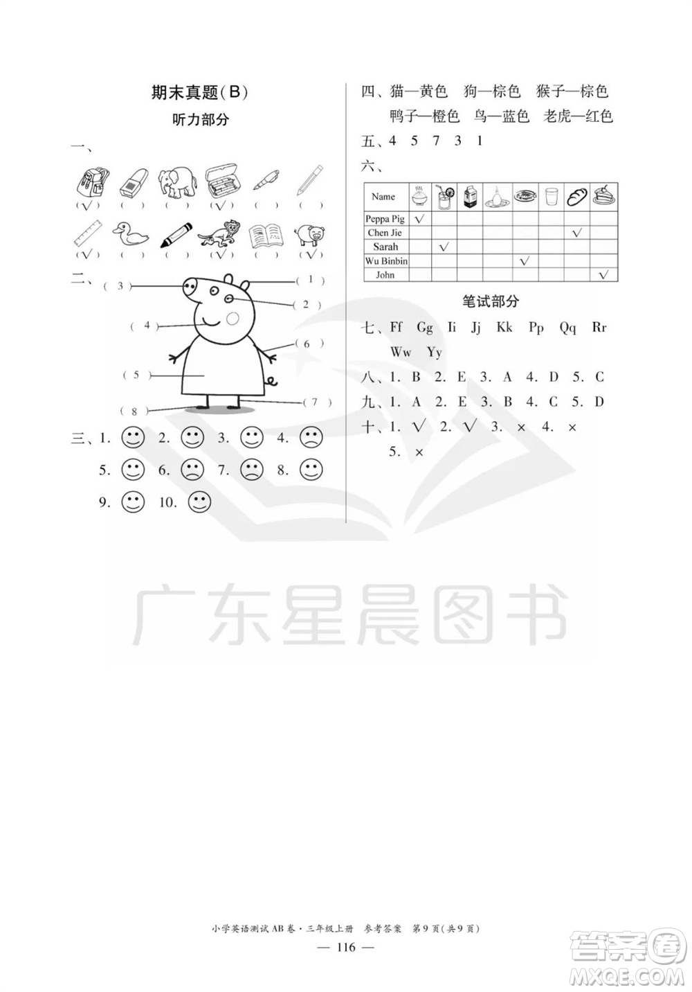 華南理工大學(xué)出版社2023年秋小學(xué)英語測(cè)試AB卷三年級(jí)上冊(cè)人教版佛山專版參考答案