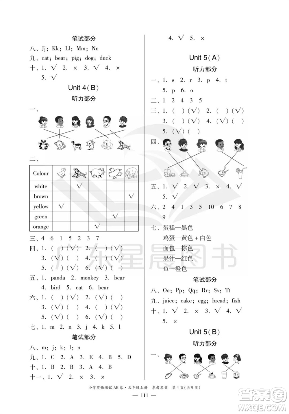 華南理工大學(xué)出版社2023年秋小學(xué)英語測(cè)試AB卷三年級(jí)上冊(cè)人教版佛山專版參考答案