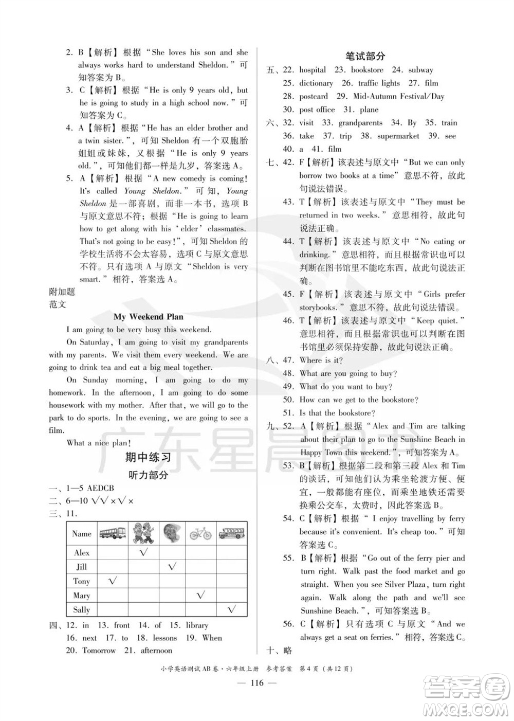 華南理工大學(xué)出版社2023年秋小學(xué)英語(yǔ)測(cè)試AB卷六年級(jí)上冊(cè)人教版佛山專版參考答案