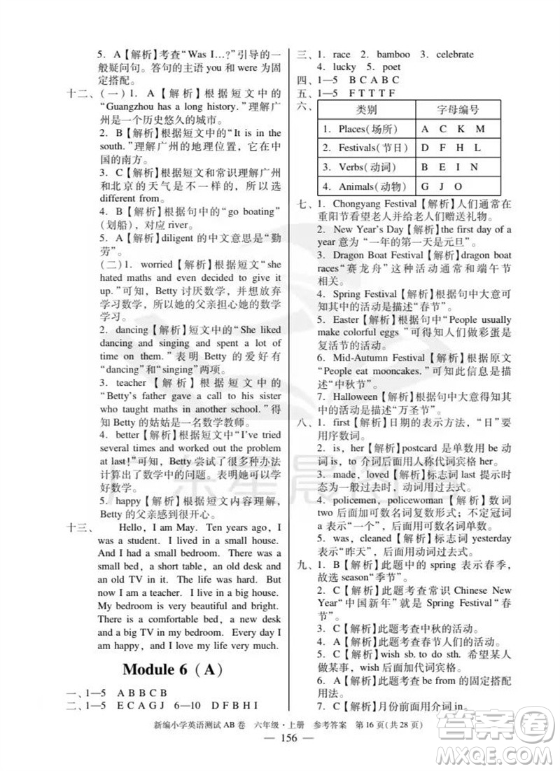 華南理工大學出版社2023年秋新編小學英語測試AB卷六年級上冊教科版廣州專版參考答案