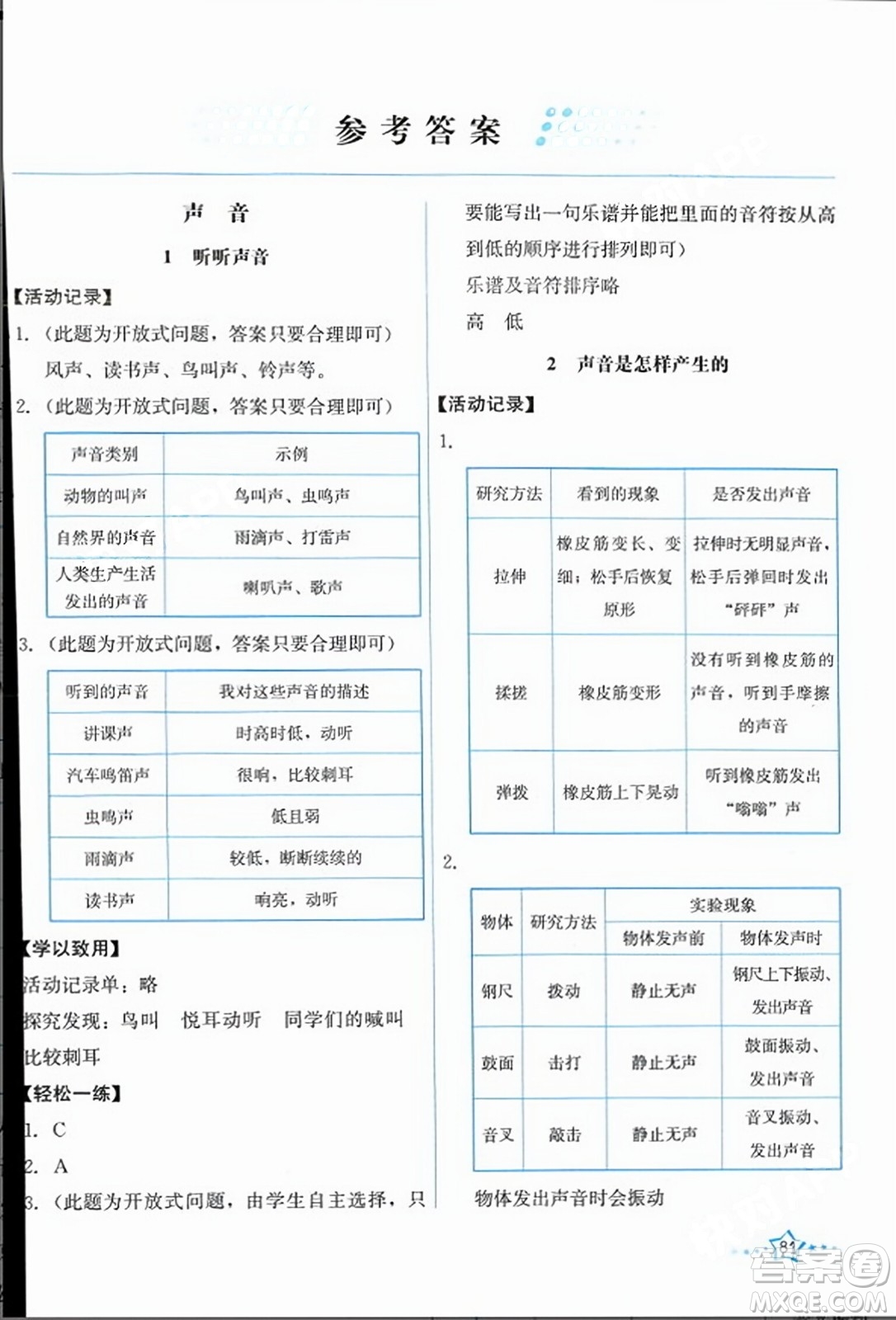教育科學(xué)出版社2023年秋能力培養(yǎng)與測試四年級科學(xué)上冊教科版答案