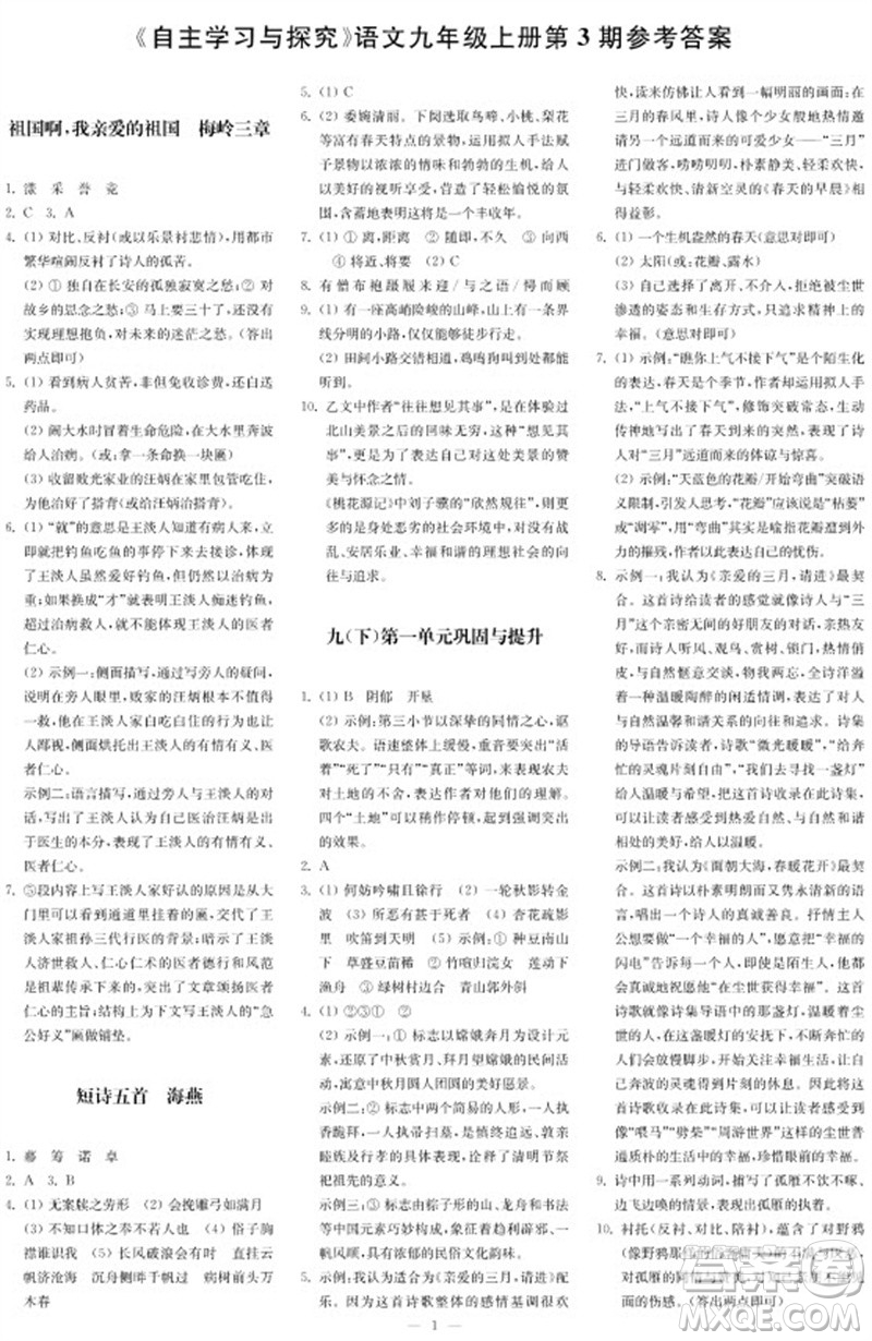 2023年秋時代學(xué)習(xí)報自主學(xué)習(xí)與探究九年級語文上冊第3期參考答案