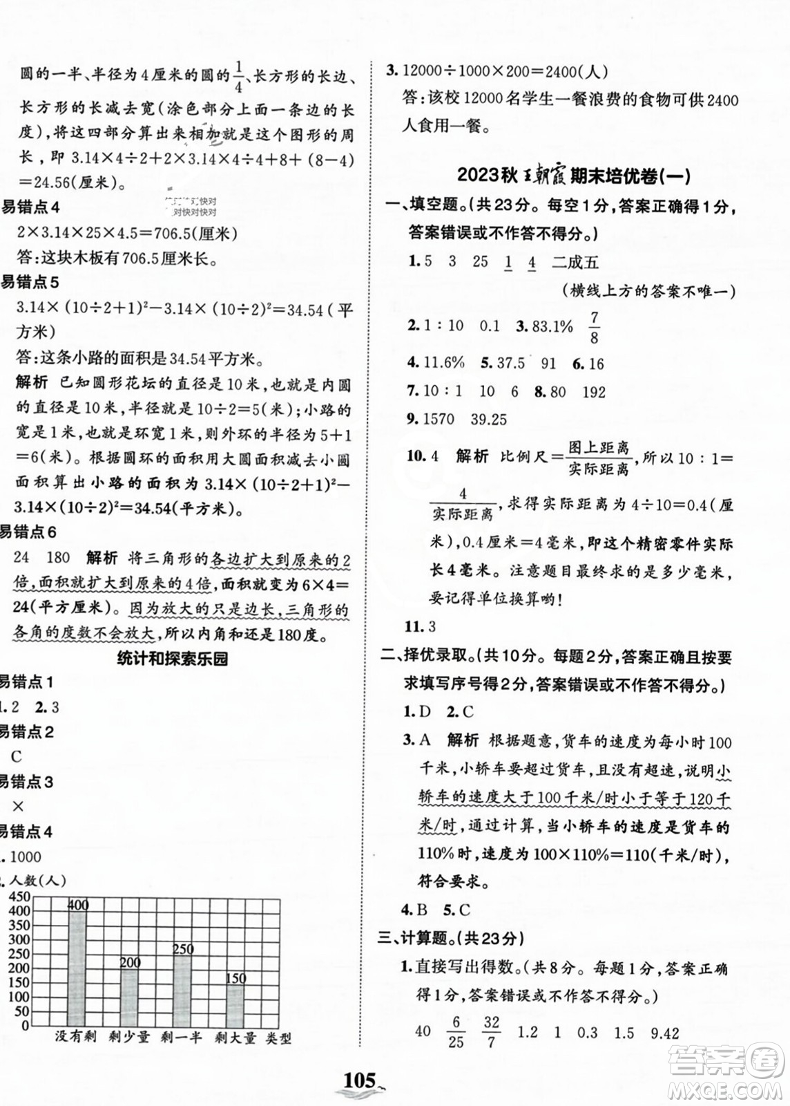 江西人民出版社2023年秋王朝霞培優(yōu)100分六年級數(shù)學上冊冀教版答案