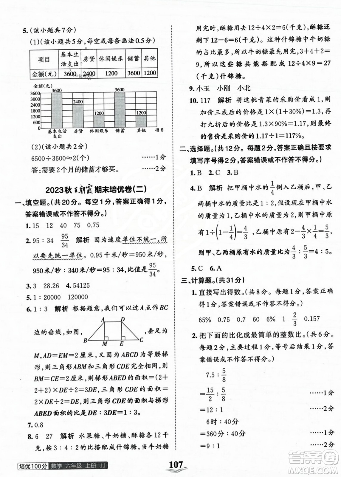 江西人民出版社2023年秋王朝霞培優(yōu)100分六年級數(shù)學上冊冀教版答案