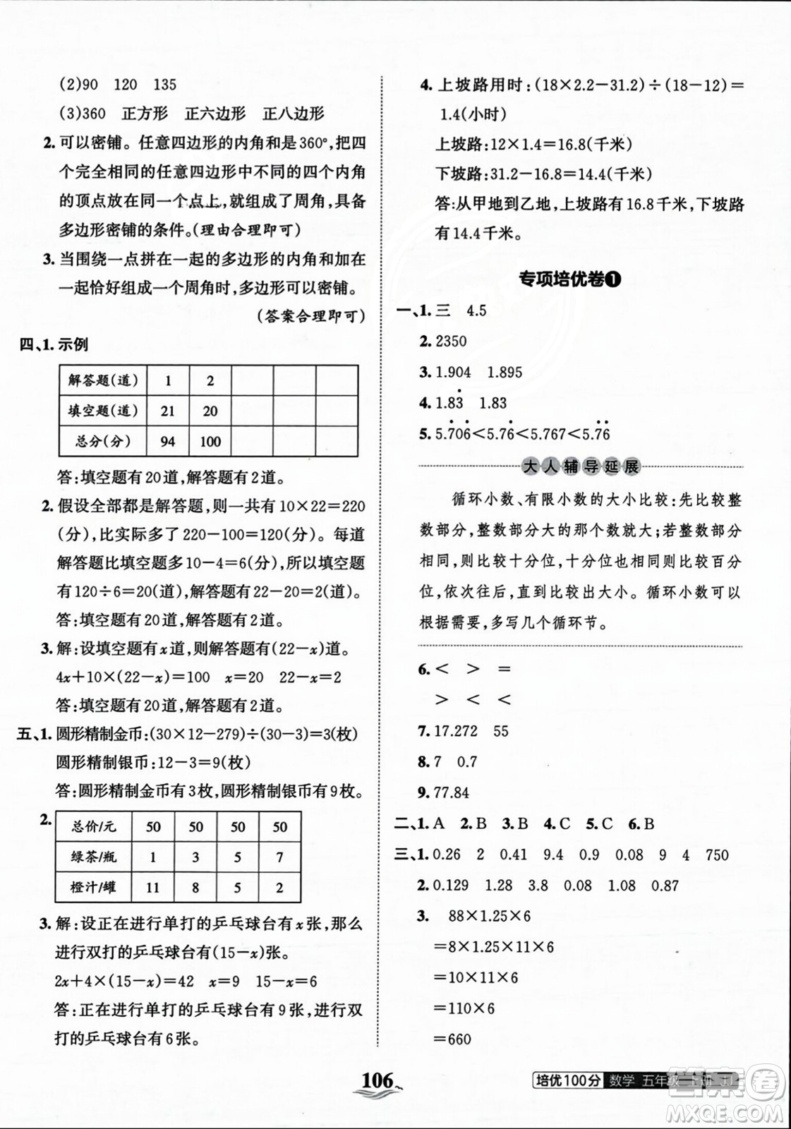 江西人民出版社2023年秋王朝霞培優(yōu)100分五年級數(shù)學上冊冀教版答案