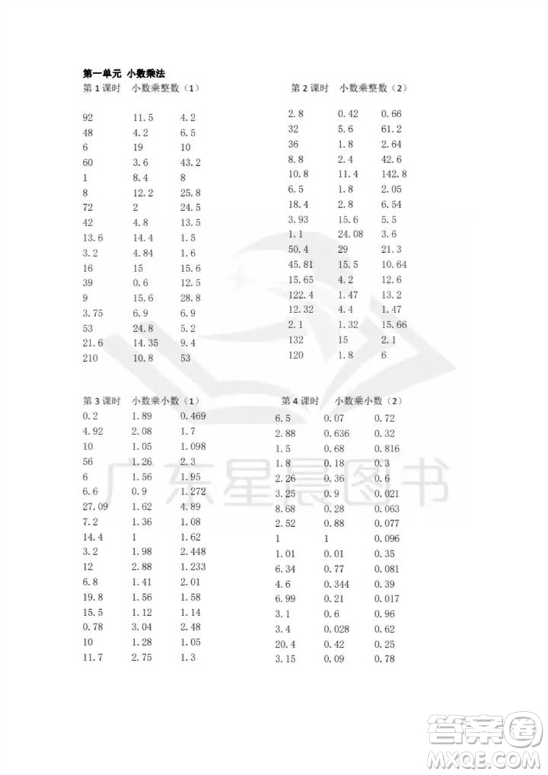 吉林出版集團股份有限公司2023年秋小學數學口算速算心算五年級上冊人教版參考答案