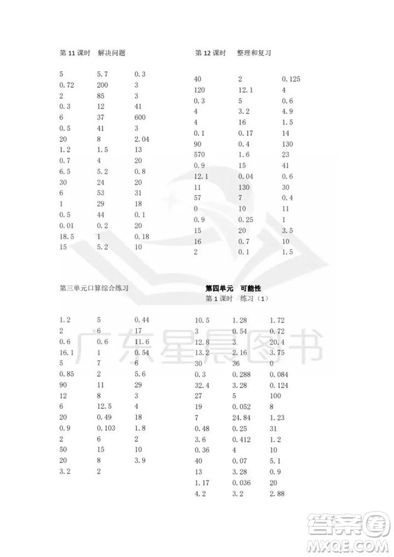 吉林出版集團股份有限公司2023年秋小學數學口算速算心算五年級上冊人教版參考答案