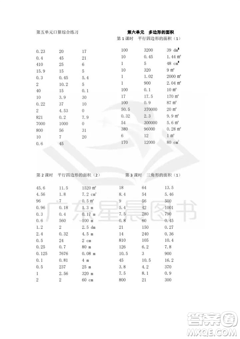 吉林出版集團股份有限公司2023年秋小學數學口算速算心算五年級上冊人教版參考答案