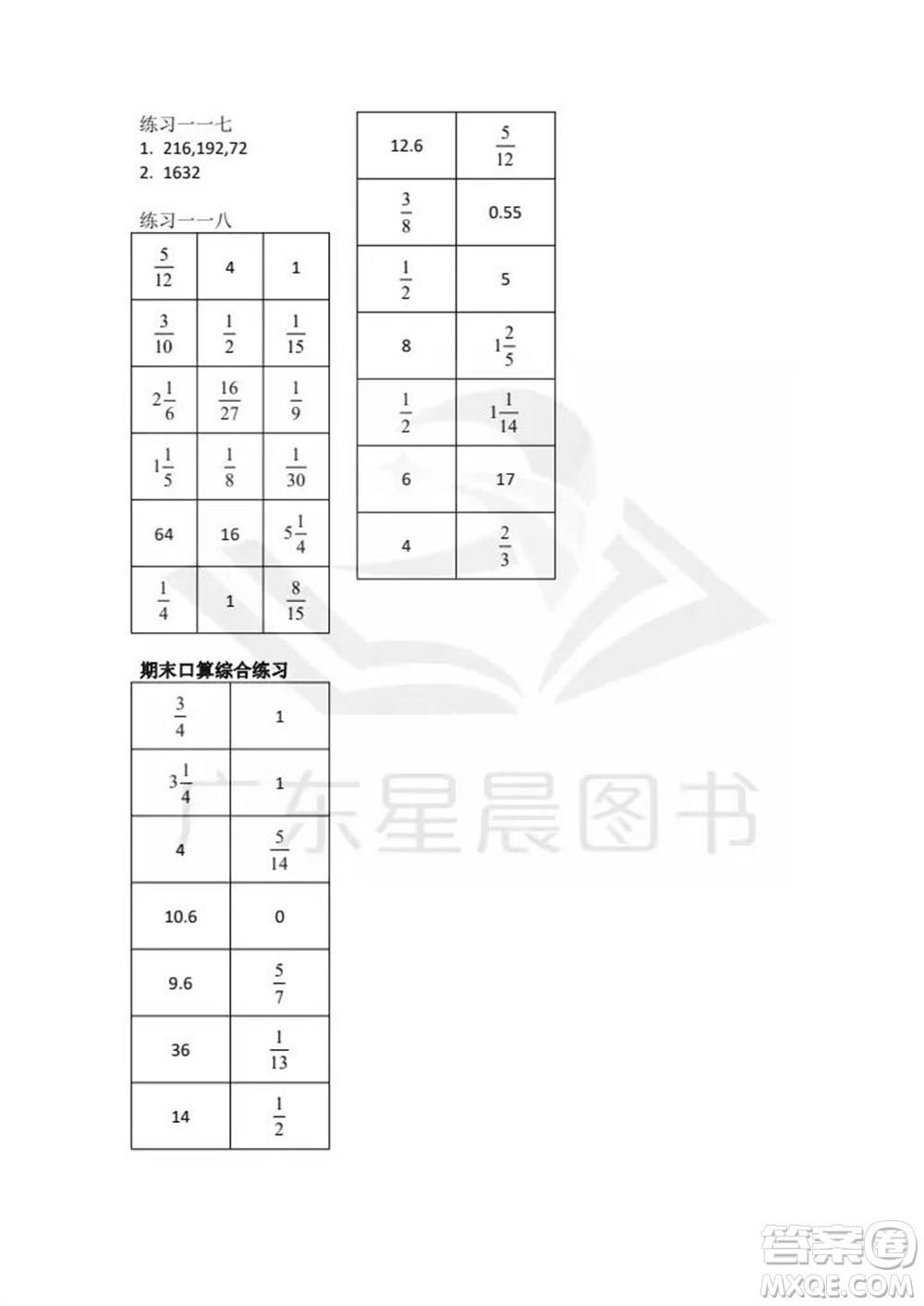 廣東人民出版社2023年秋核心素養(yǎng)數(shù)學(xué)口算每天一練六年級(jí)上冊(cè)人教版參考答案