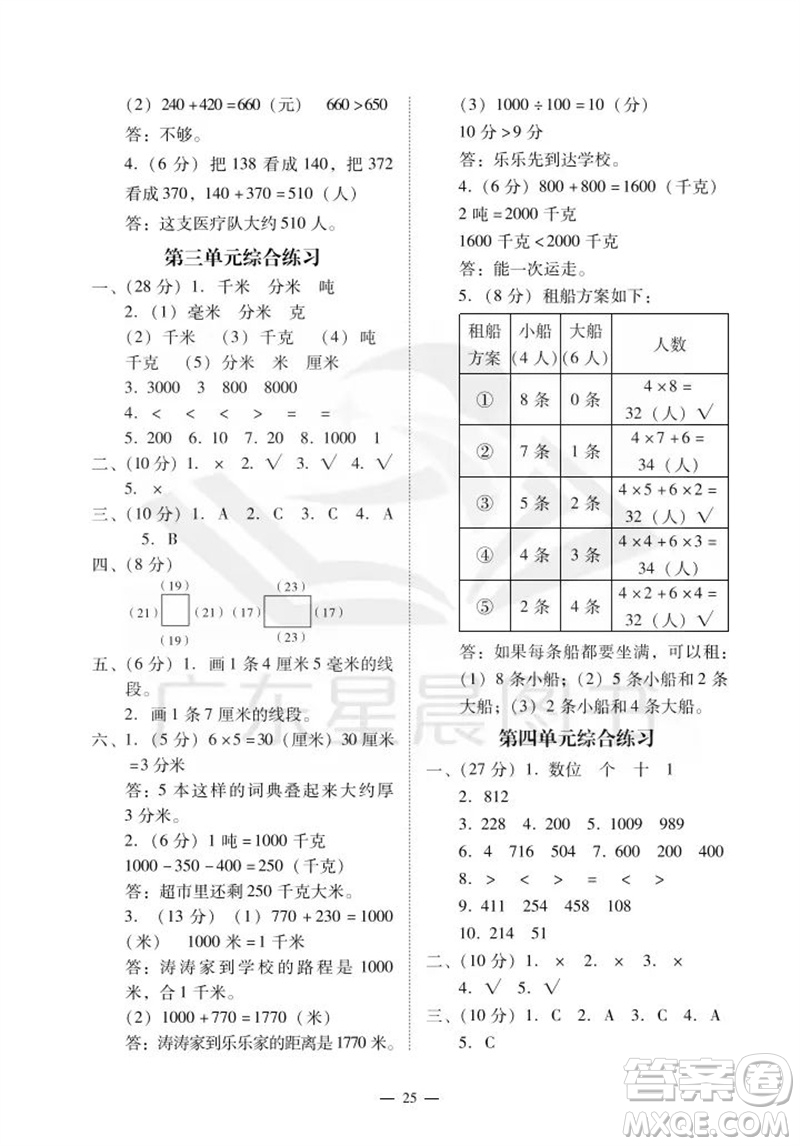 廣州出版社2023年秋小學(xué)數(shù)學(xué)目標(biāo)實施手冊三年級上冊人教版廣州專版參考答案