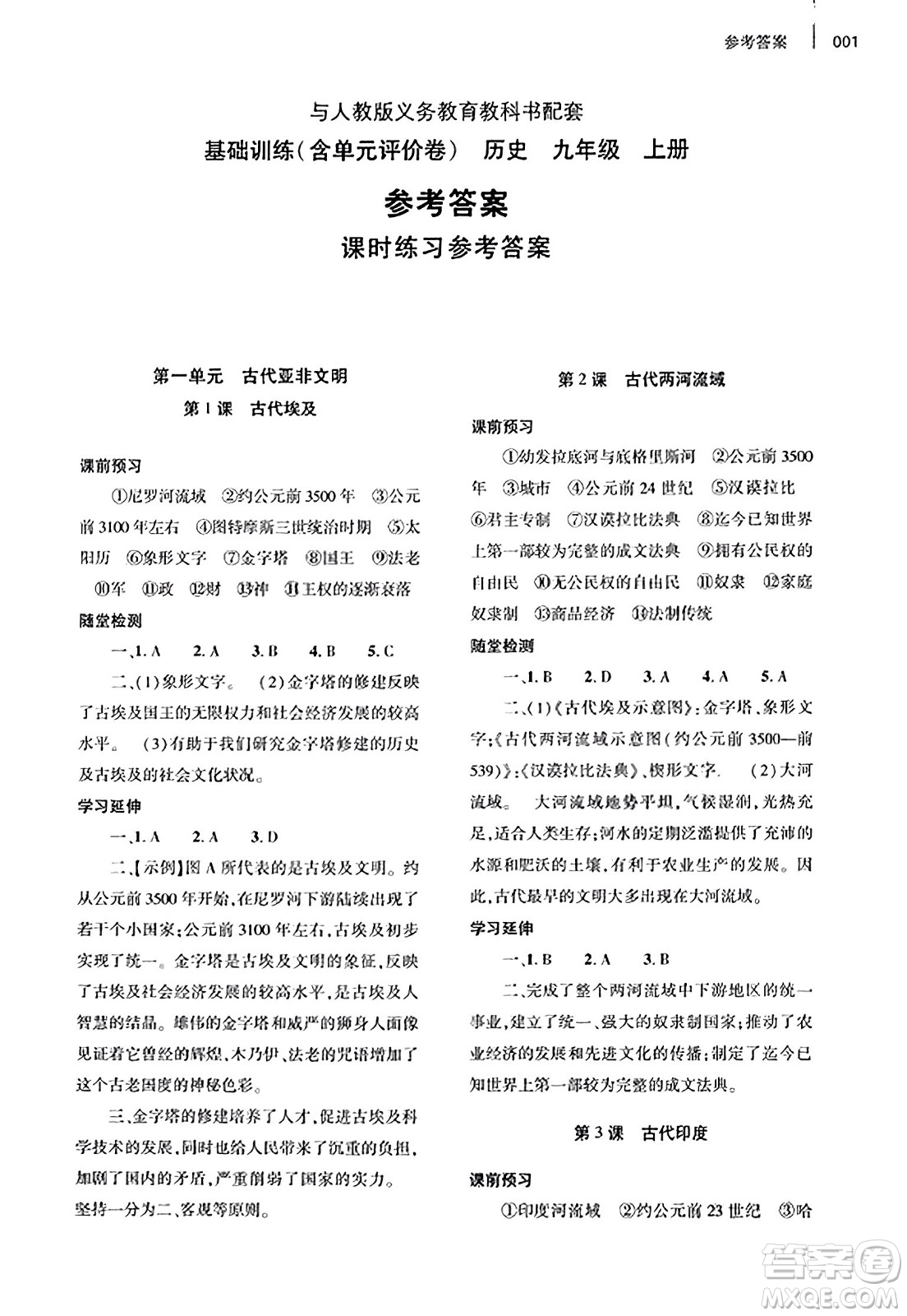 大象出版社2023年秋基礎(chǔ)訓(xùn)練九年級歷史上冊人教版答案