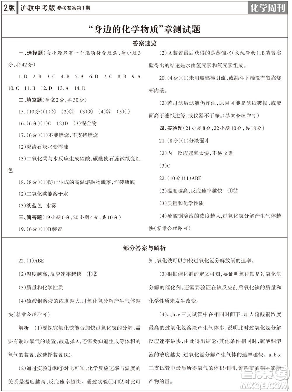 2023年秋學(xué)習(xí)方法報(bào)化學(xué)周刊九年級(jí)上冊滬教版第1期參考答案