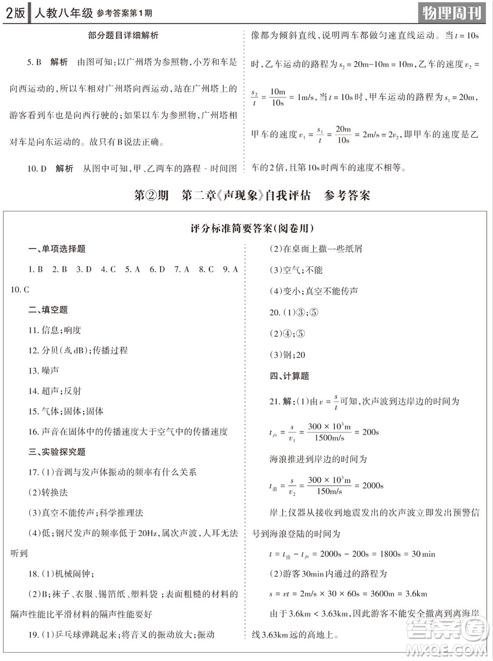 2023年秋學(xué)習(xí)方法報物理周刊八年級上冊人教版第1期參考答案