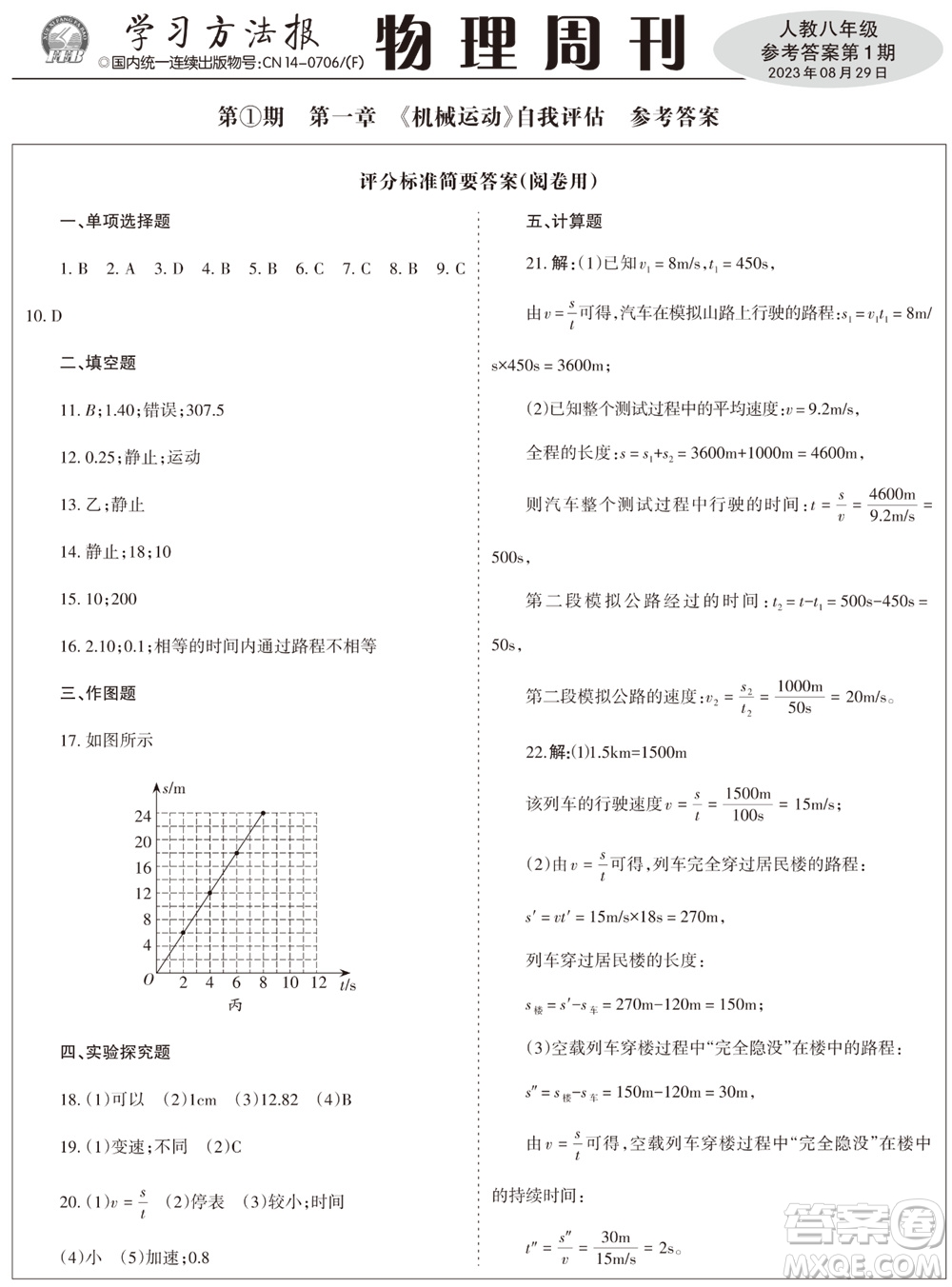 2023年秋學(xué)習(xí)方法報物理周刊八年級上冊人教版第1期參考答案
