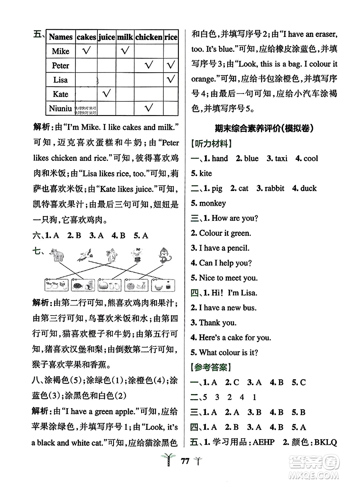 陜西師范大學(xué)出版總社2023年秋PASS小學(xué)學(xué)霸沖A卷三年級(jí)英語上冊(cè)人教精通版答案