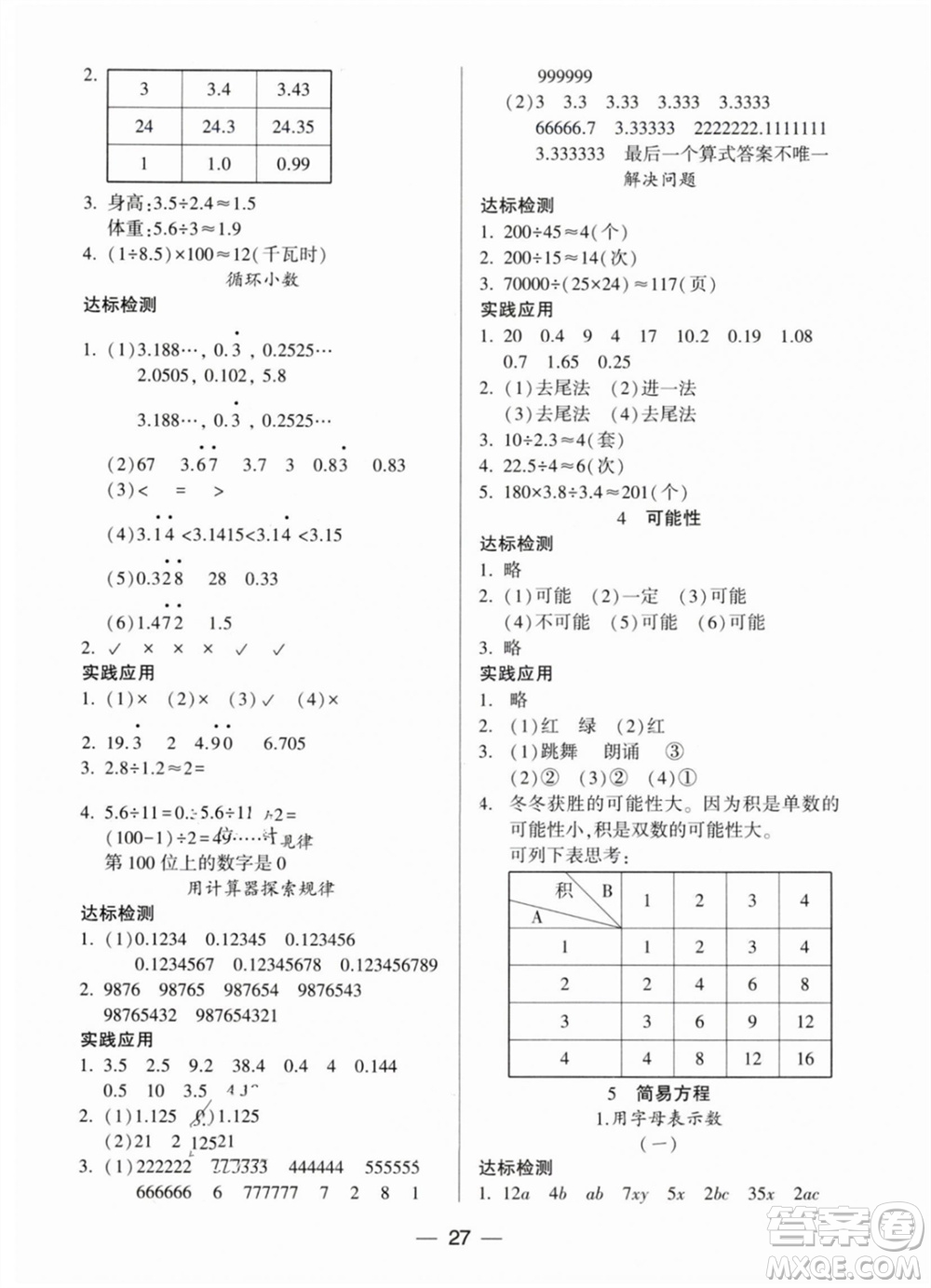 希望出版社2023年秋新課標(biāo)兩導(dǎo)兩練高效學(xué)案五年級(jí)數(shù)學(xué)上冊(cè)人教版參考答案