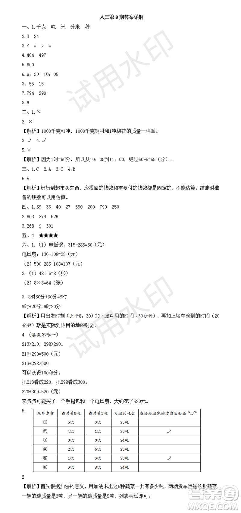 2023年秋學(xué)習(xí)方法報(bào)小學(xué)數(shù)學(xué)三年級(jí)上冊(cè)第9-12期人教版參考答案