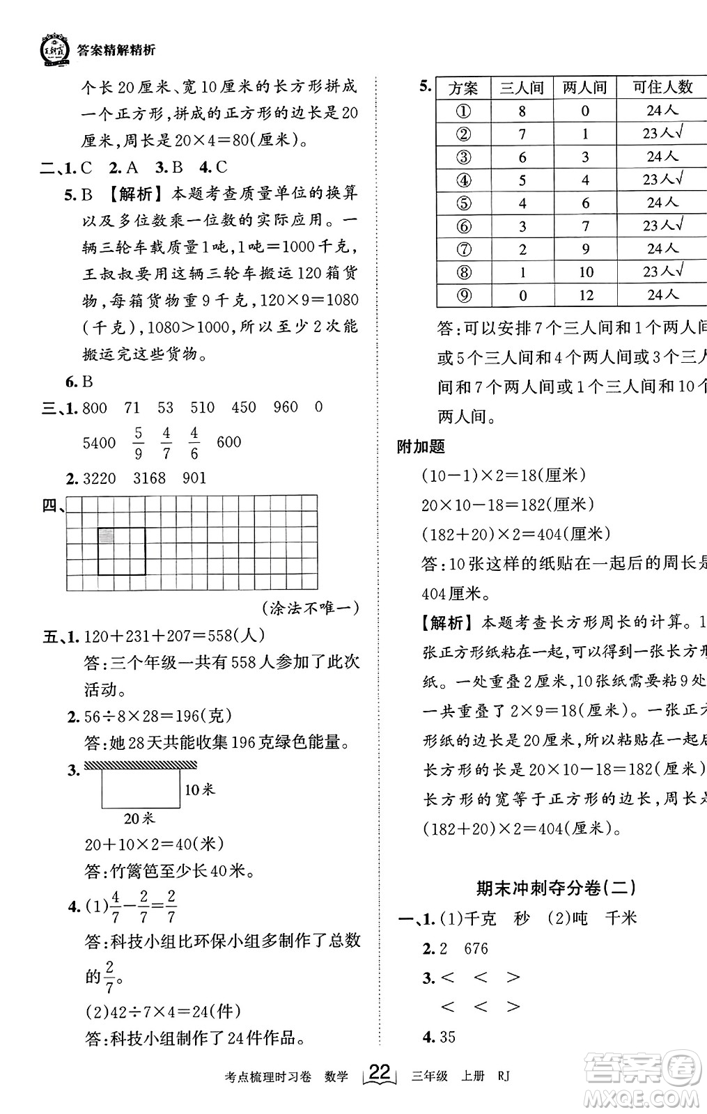 江西人民出版社2023年秋王朝霞考點梳理時習(xí)卷三年級數(shù)學(xué)上冊人教版答案