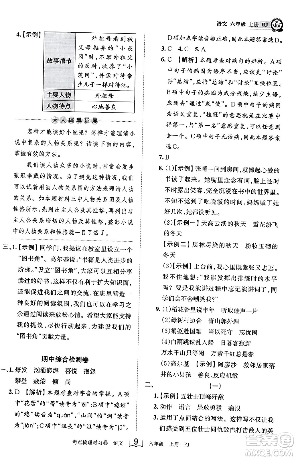 江西人民出版社2023年秋王朝霞考點梳理時習(xí)卷六年級語文上冊人教版答案