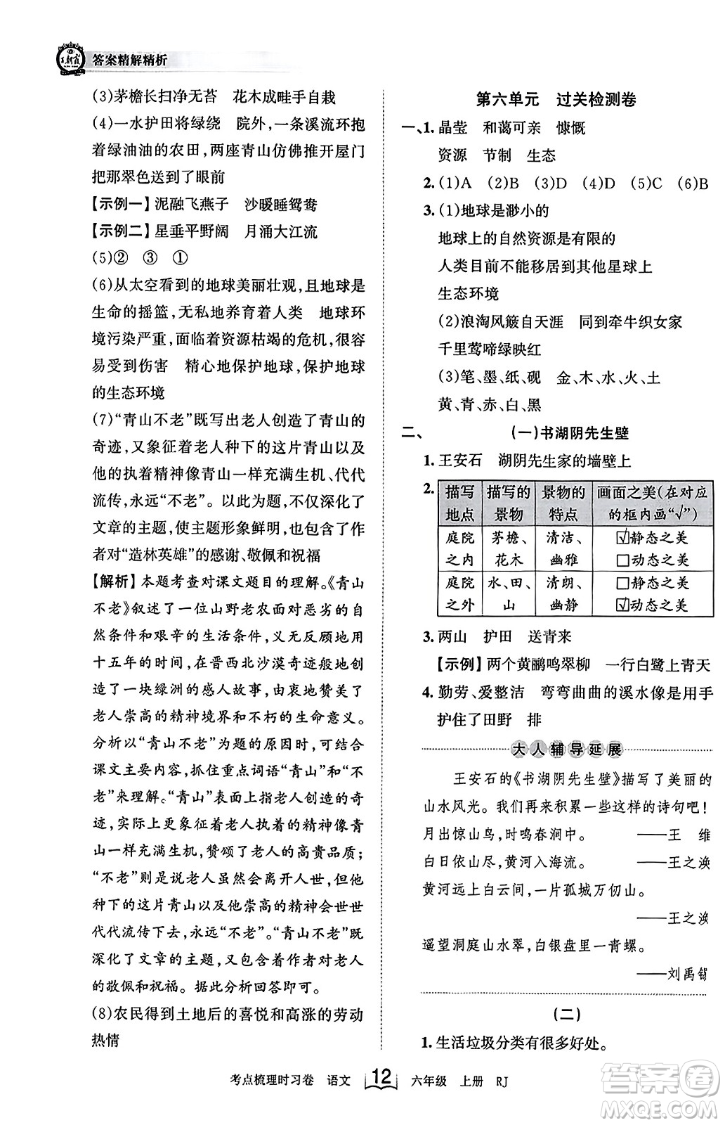 江西人民出版社2023年秋王朝霞考點梳理時習(xí)卷六年級語文上冊人教版答案