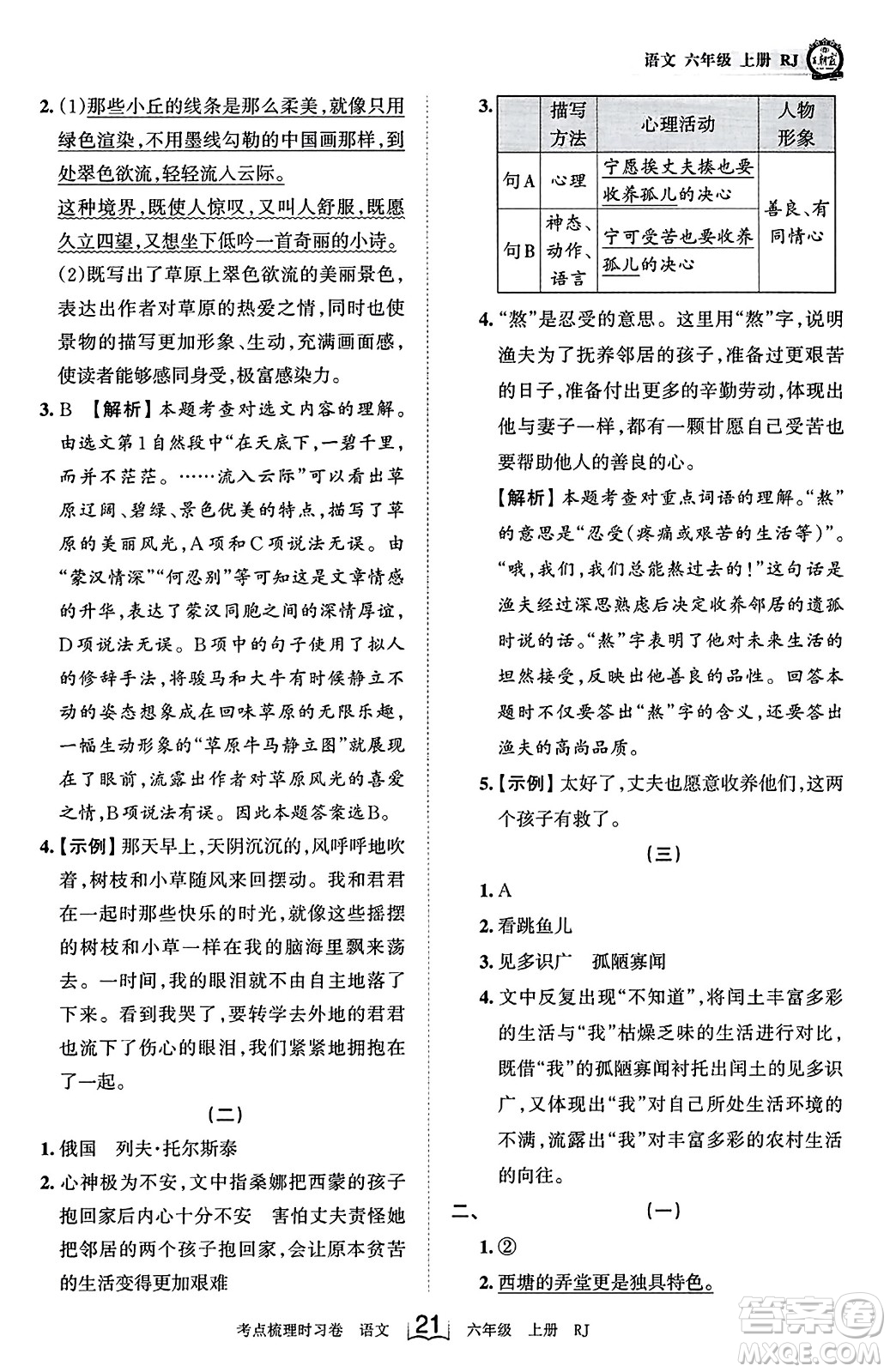 江西人民出版社2023年秋王朝霞考點梳理時習(xí)卷六年級語文上冊人教版答案