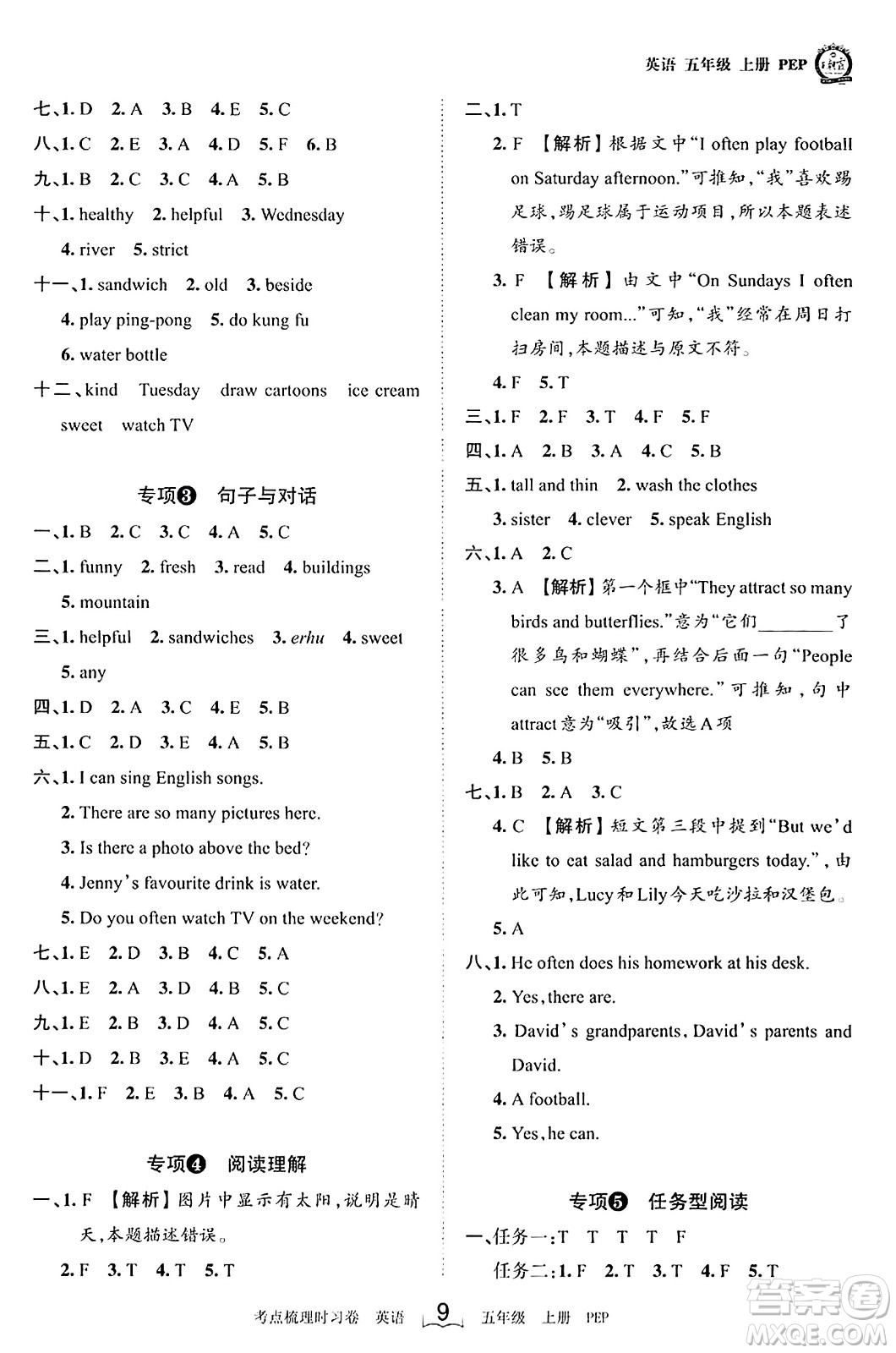 江西人民出版社2023年秋王朝霞考點(diǎn)梳理時(shí)習(xí)卷五年級(jí)英語(yǔ)上冊(cè)人教PEP版答案