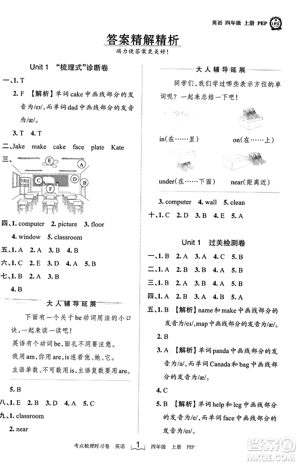 江西人民出版社2023年秋王朝霞考點梳理時習(xí)卷四年級英語上冊人教PEP版答案