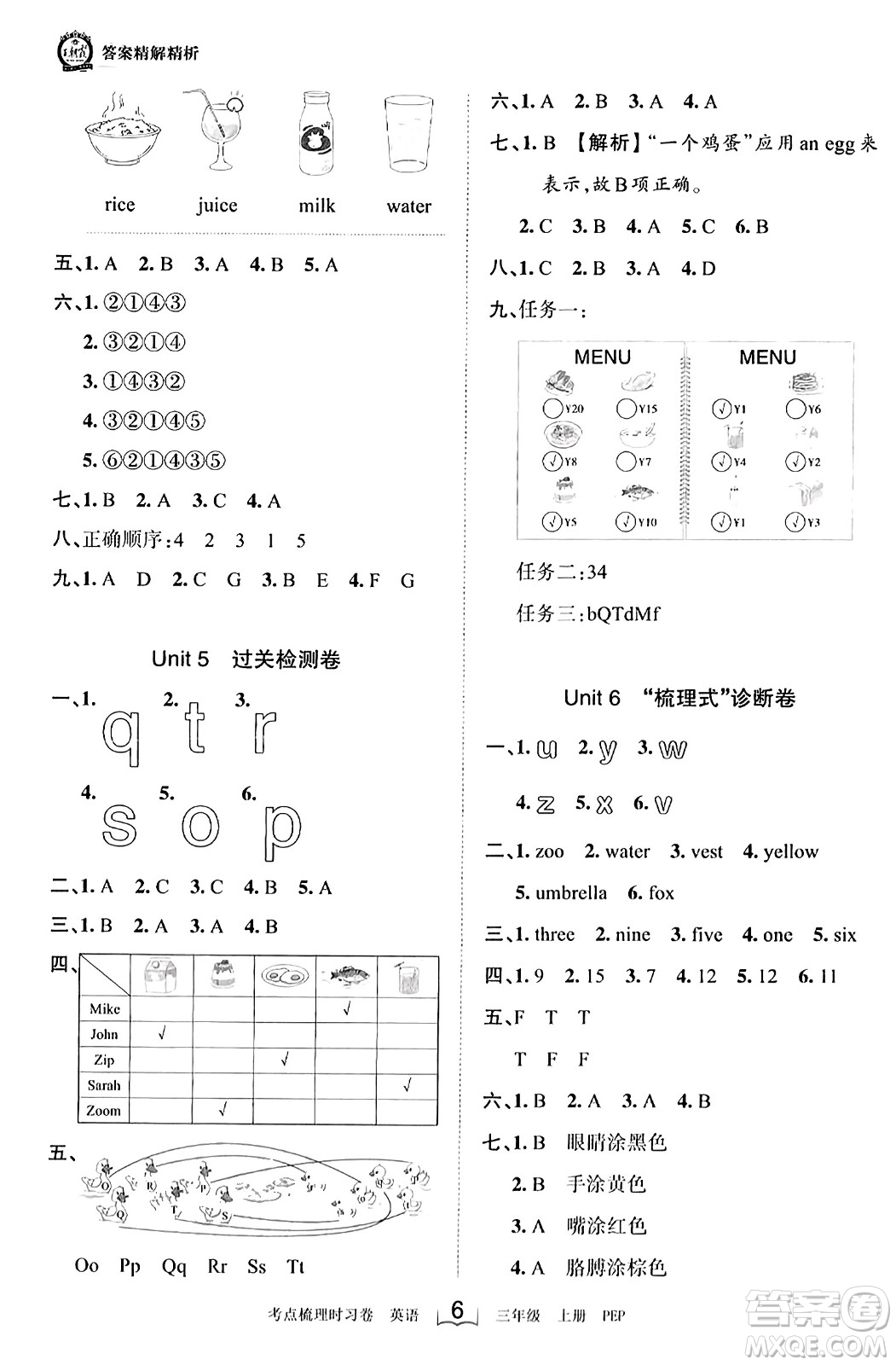 江西人民出版社2023年秋王朝霞考點(diǎn)梳理時(shí)習(xí)卷三年級(jí)英語(yǔ)上冊(cè)人教PEP版答案