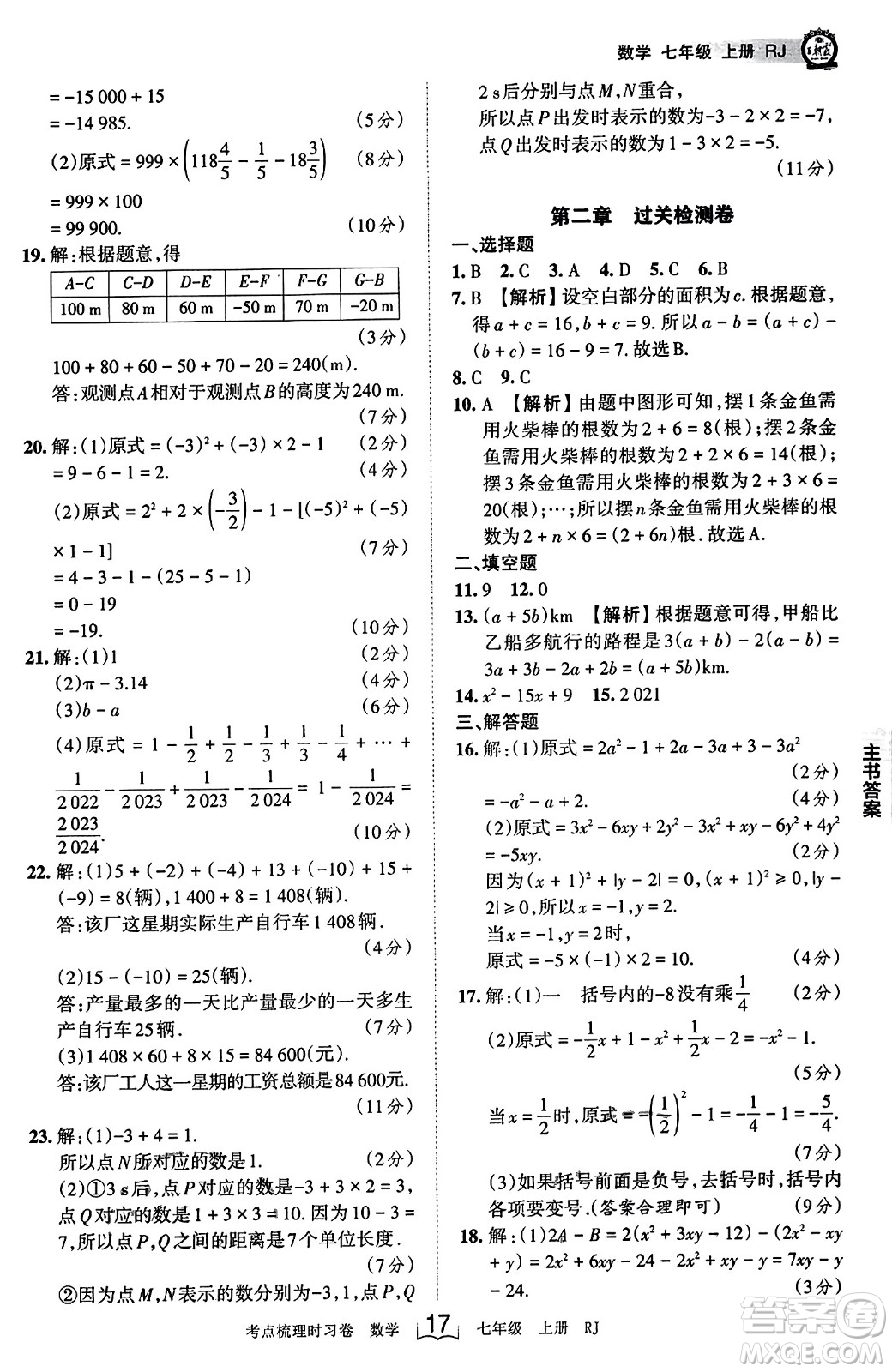 江西人民出版社2023年秋王朝霞考點(diǎn)梳理時習(xí)卷七年級數(shù)學(xué)上冊人教版答案