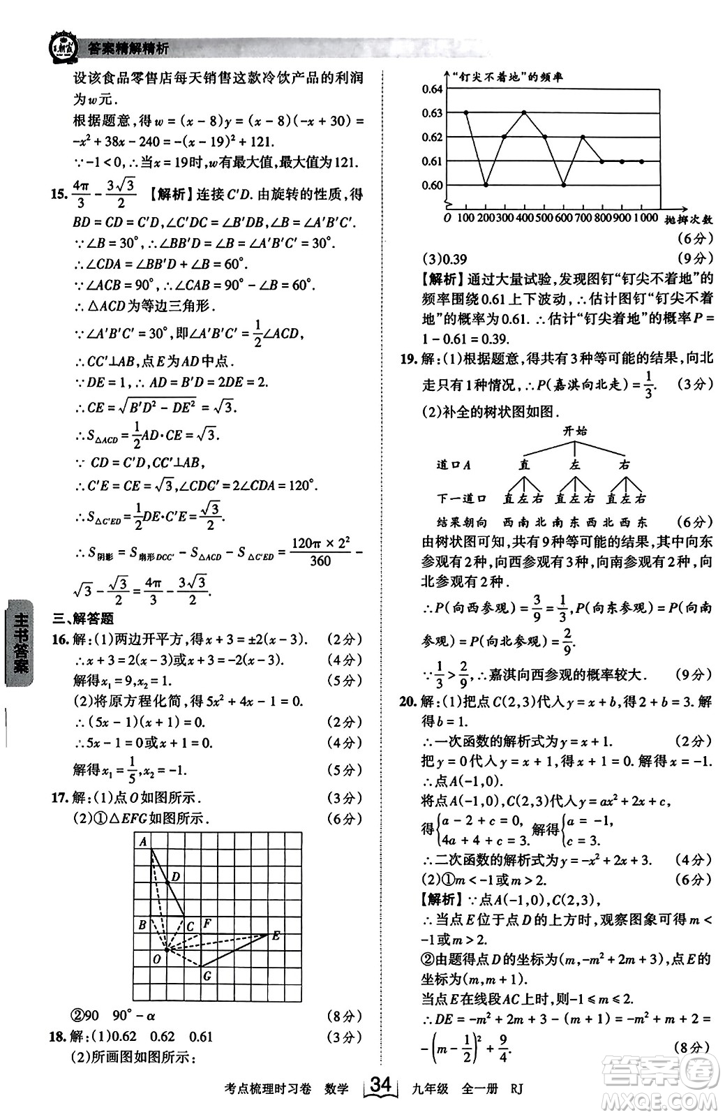 江西人民出版社2023年秋王朝霞考點(diǎn)梳理時習(xí)卷九年級數(shù)學(xué)全一冊人教版答案