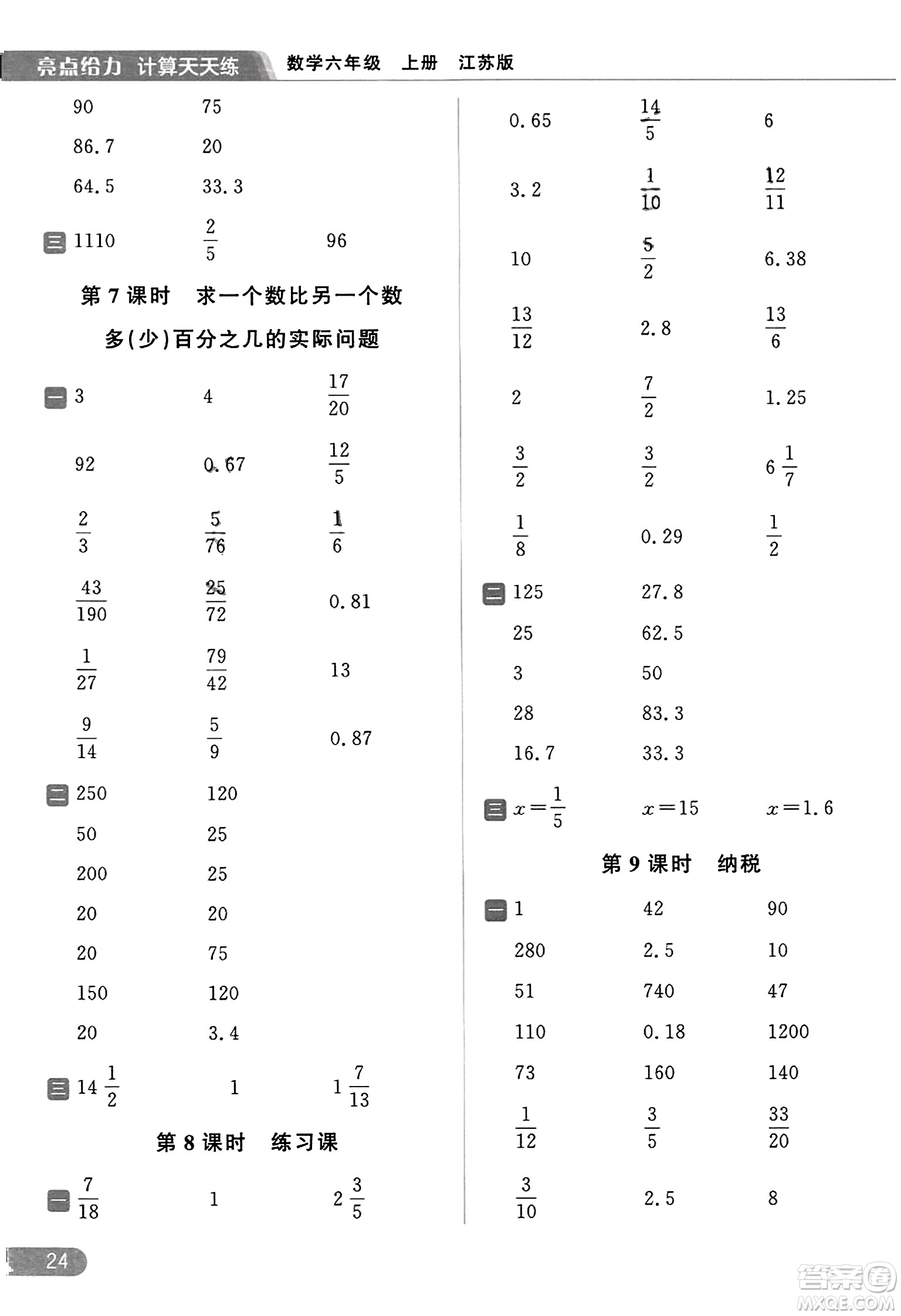 北京教育出版社2023年秋亮點(diǎn)給力計(jì)算天天練六年級(jí)數(shù)學(xué)上冊(cè)江蘇版答案