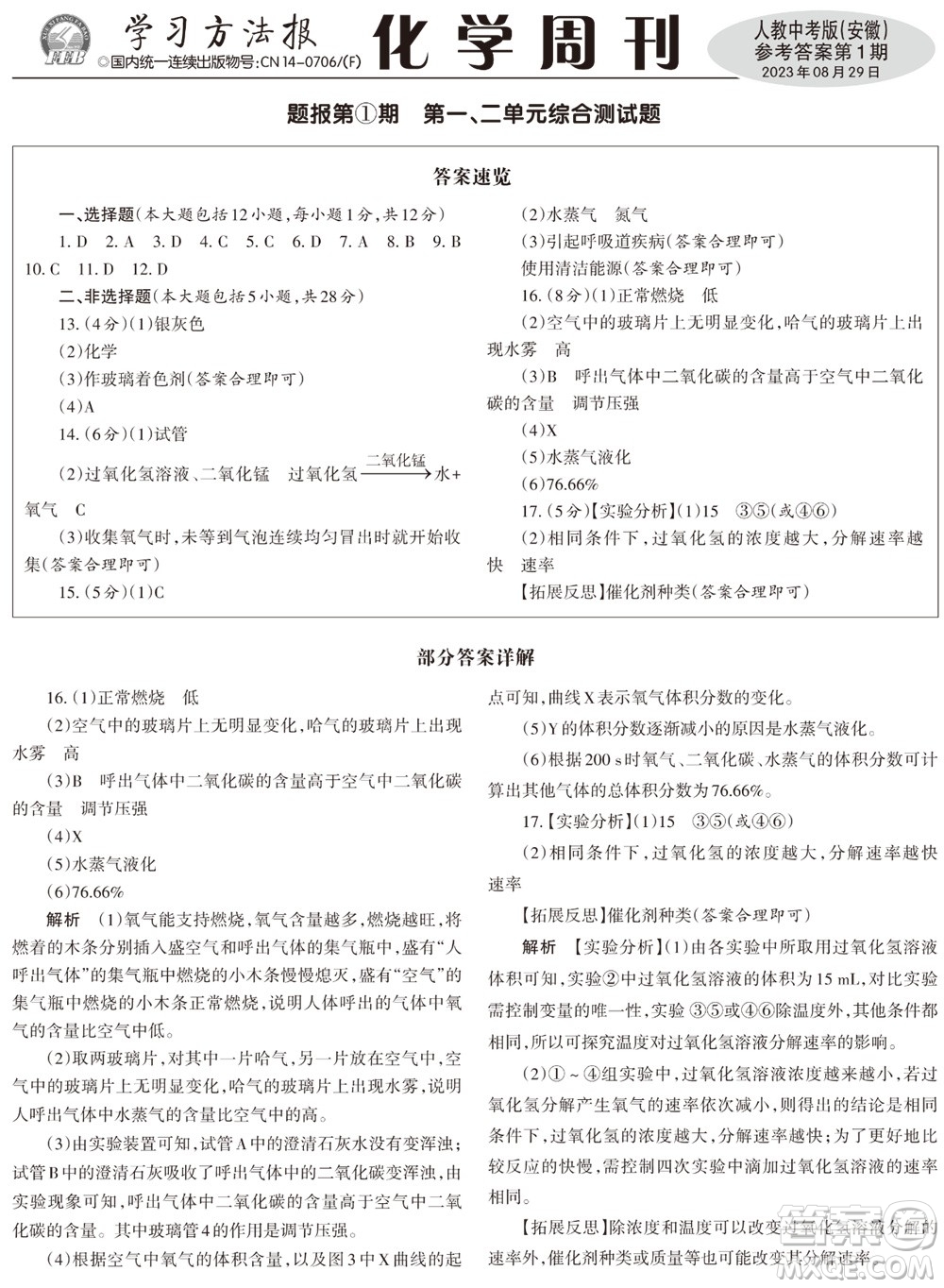 2023年秋學習方法報化學周刊九年級上冊人教中考版安徽專版第1期參考答案